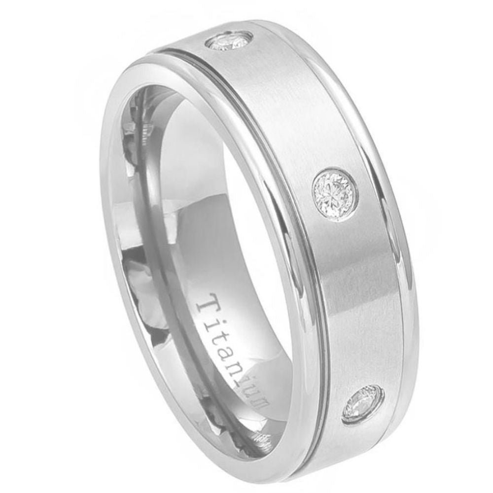 9mm White IP Plated Titanium Ring Brushed Center with 6 CZs, Shiny Stepped Edge Wedding Band Ring