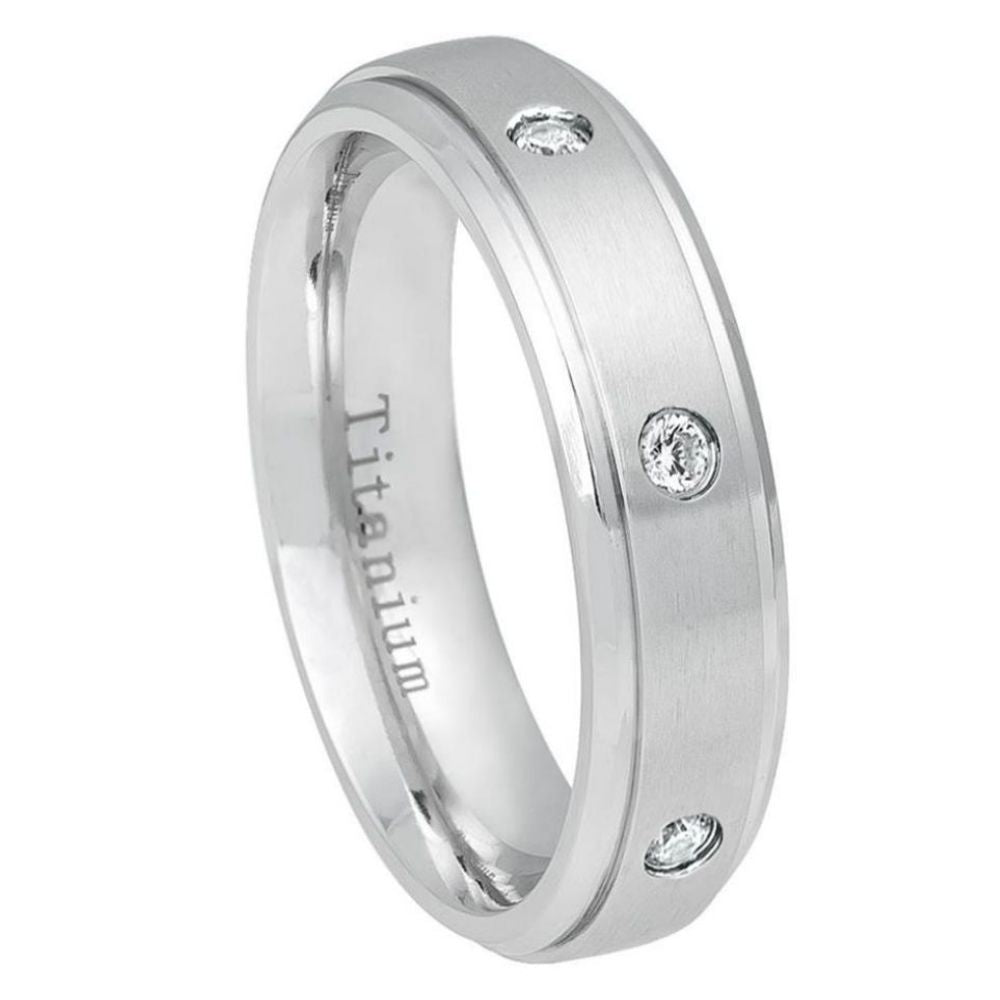 7mm White IP Plated Titanium Ring Brushed Center with 6 CZs, Shiny Stepped Edge Wedding Band Ring