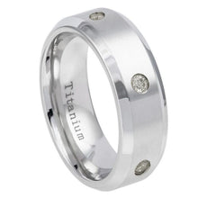 Load image into Gallery viewer, 8mm White IP Plated Brushed Center with 6 CZs, High Polished Beveled Edge Wedding Band Ring