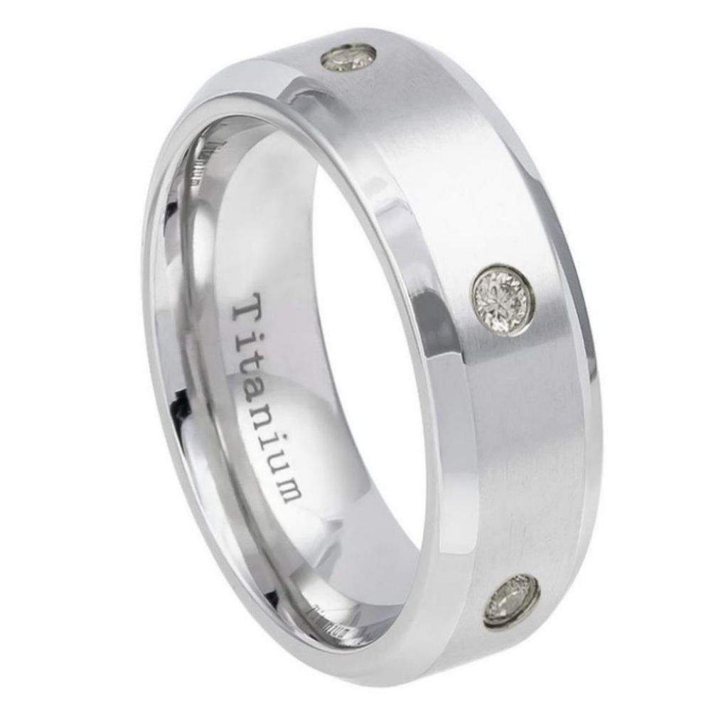 8mm White IP Plated Brushed Center with 6 CZs, High Polished Beveled Edge Wedding Band Ring