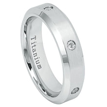 Load image into Gallery viewer, 6mm White IP Plated Brushed Center with 6 CZs, High Polished Beveled Edge Wedding Band Ring