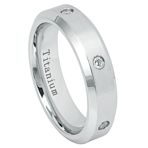 6mm White IP Plated Brushed Center with 6 CZs, High Polished Beveled Edge Wedding Band Ring