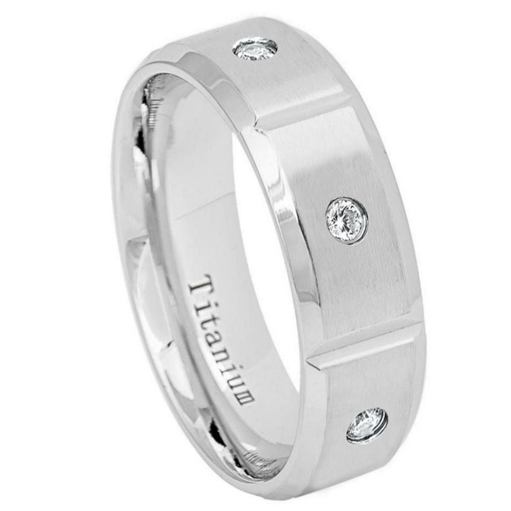 8mm White IP Plated Titanium Ring Brushed Grooved with 6 CZs High Polished Beveled Edge Wedding Ring