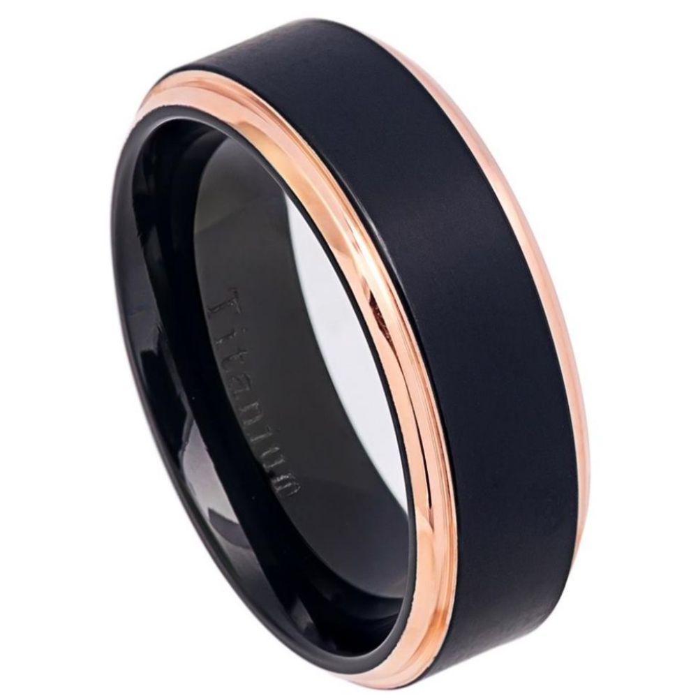 8mm Two-Tone Black IP Rose Gold IP Brushed Center Stepped Edge Titanium Ring Wedding Band Ring