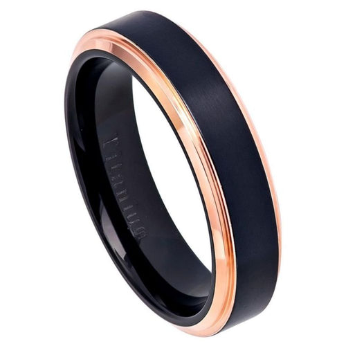 6mm Two-Tone Black IP Rose Gold IP Brushed Center Stepped Edge Titanium Ring Wedding Band Ring