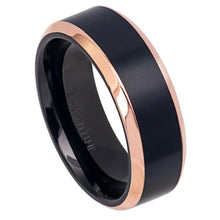 Load image into Gallery viewer, 8mm Two-Tone Black IP Rose Gold IP Brushed Center Shiny Beveled Edge Titanium Ring Wedding Band Ring
