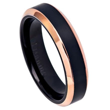 Load image into Gallery viewer, 6mm Two-Tone Black IP Rose Gold IP Brushed Center Shiny Beveled Edge Titanium Ring Wedding Band Ring