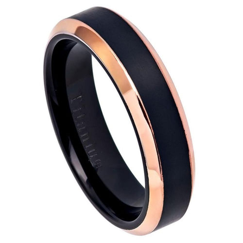 6mm Two-Tone Black IP Rose Gold IP Brushed Center Shiny Beveled Edge Titanium Ring Wedding Band Ring