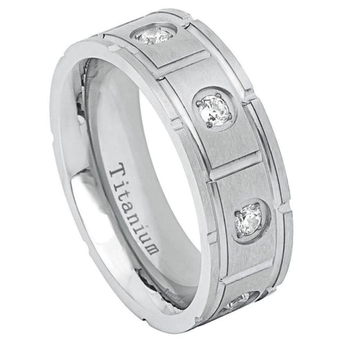 8mm White IP Plated Pipe-Cut Brushed with 8 CZs Wedding Band Ring