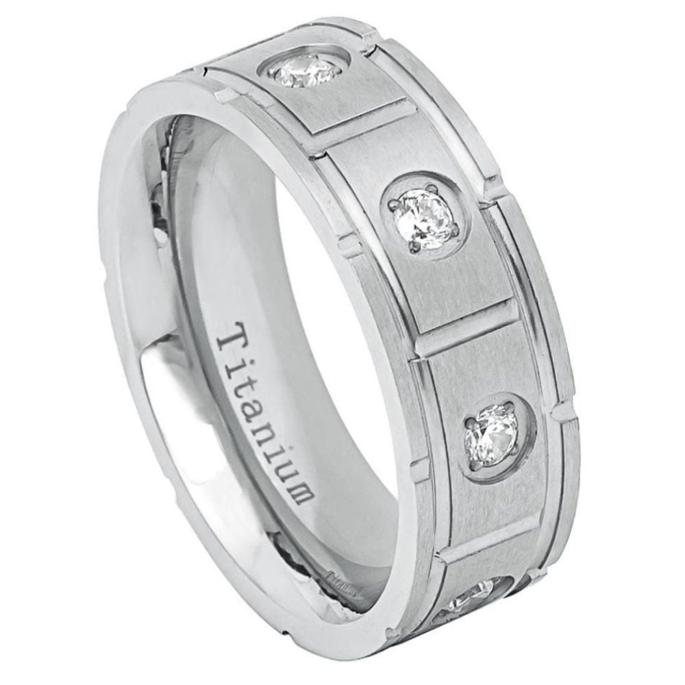 8mm White IP Plated Pipe-Cut Brushed with 8 CZs Wedding Band Ring