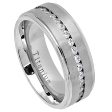 Load image into Gallery viewer, 8mm White IP Plated Titanium Ring Brushed Center Shiny Stepped Edge with Eternity Style CZs Ring