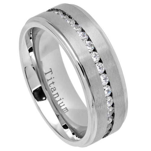 8mm White IP Plated Titanium Ring Brushed Center Shiny Stepped Edge with Eternity Style CZs Ring