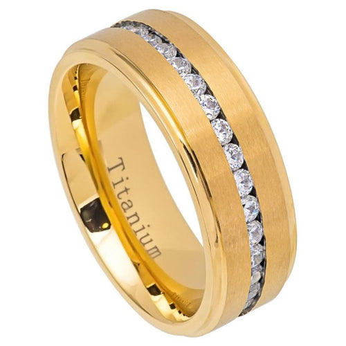8mm Yellow IP Titanium Ring Brushed Center Shiny Stepped Edge with Eternity Style CZs Wedding Ring