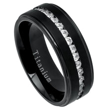 Load image into Gallery viewer, 8mm Black IP Plated Titanium Ring Brushed Center Shiny Stepped Edge with Eternity Style CZs Ring