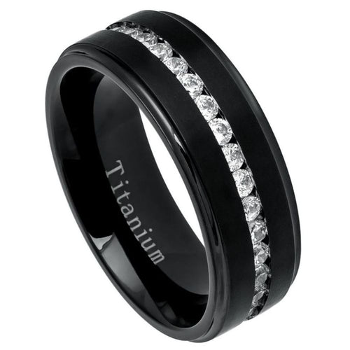 8mm Black IP Plated Titanium Ring Brushed Center Shiny Stepped Edge with Eternity Style CZs Ring