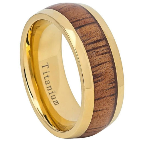 9mm Yellow IP Domed Titanium Ring with Hawaiian Koa Inlay Wedding Band Ring