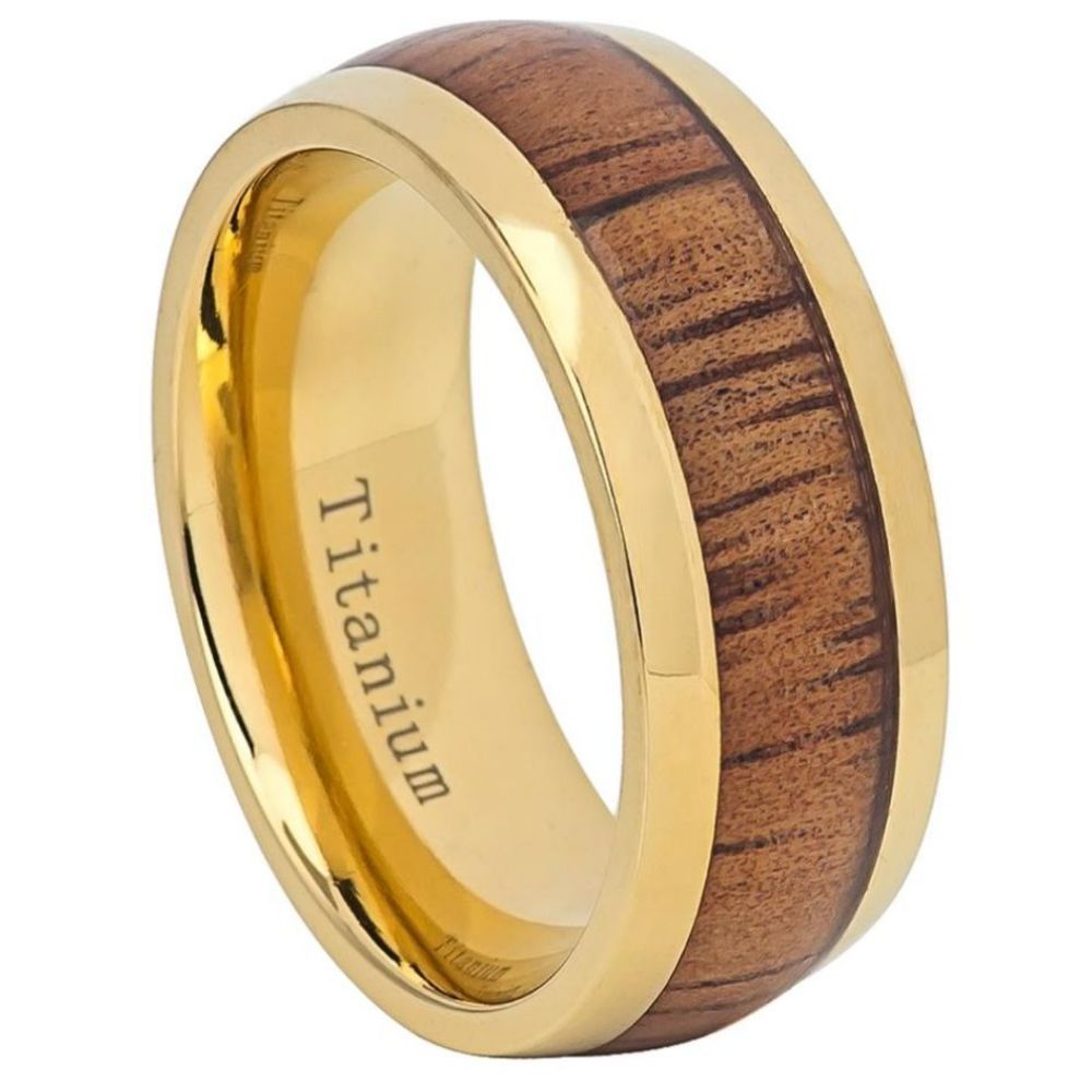 9mm Yellow IP Domed Titanium Ring with Hawaiian Koa Inlay Wedding Band Ring