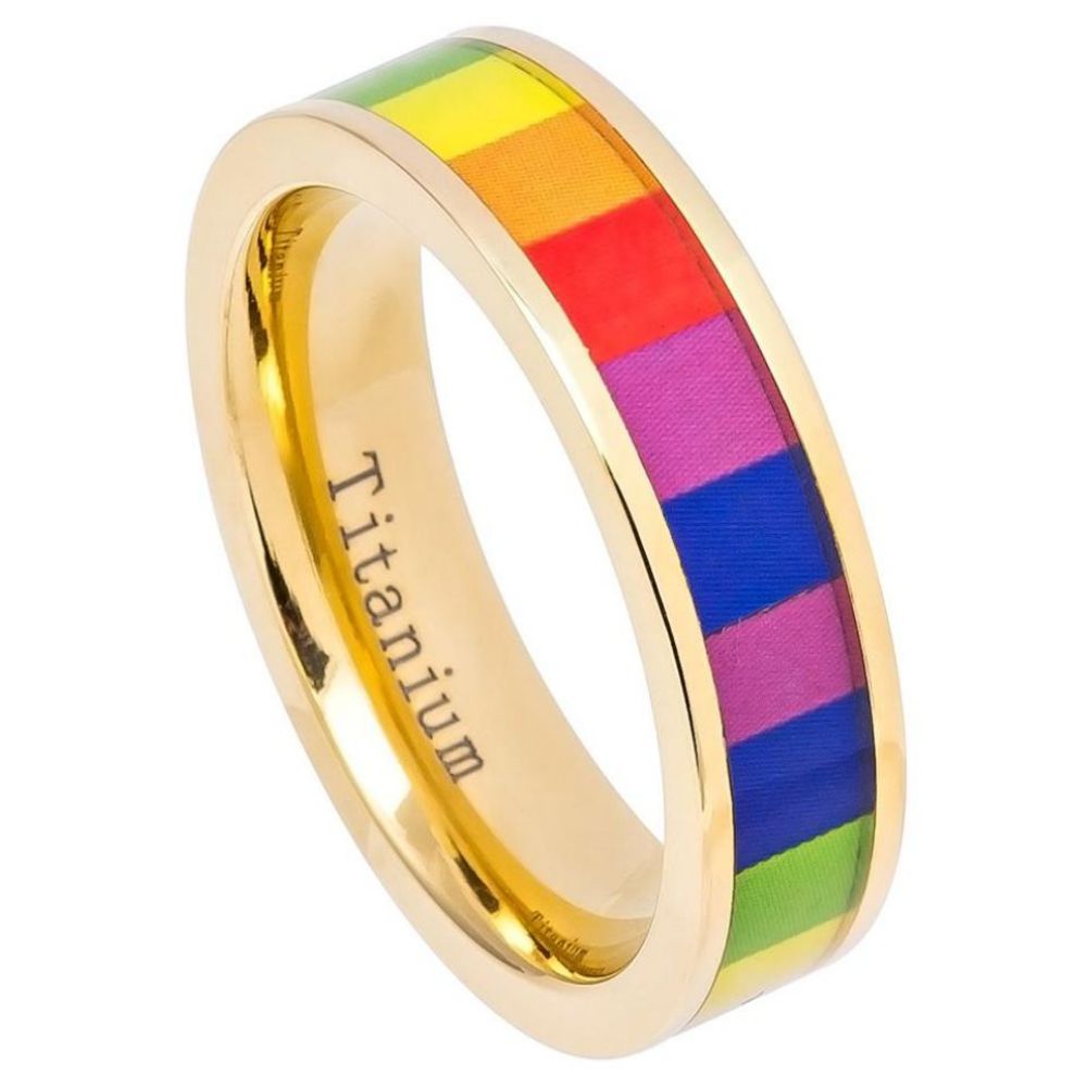 6mm Yellow IP Domed Titanium Ring with Hawaiian Koa Inlay Wedding Band Ring