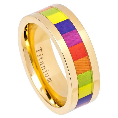 8mm Yellow IP Domed Titanium Ring with Hawaiian Koa Inlay Wedding Band Ring