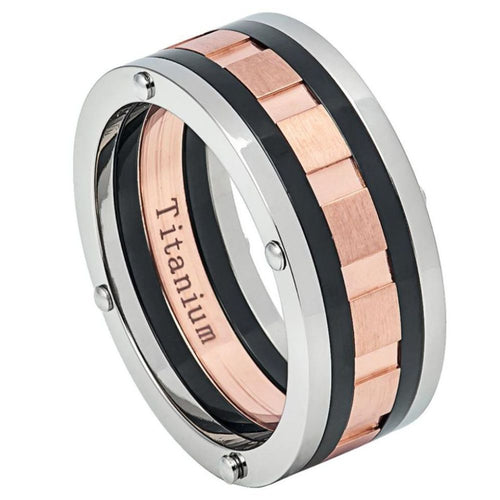 9mm Multi-Grooved Three-tone Titanium Ring with Wedding Band Ring