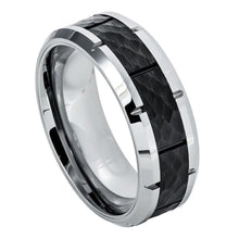 Load image into Gallery viewer, 8mm Tungsten Carbide High Polished Beveled Edge with Notches &amp; Black IP Plated Hammered Finish Ring