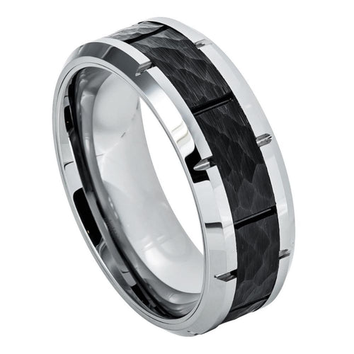 8mm Tungsten Carbide High Polished Beveled Edge with Notches & Black IP Plated Hammered Finish Ring
