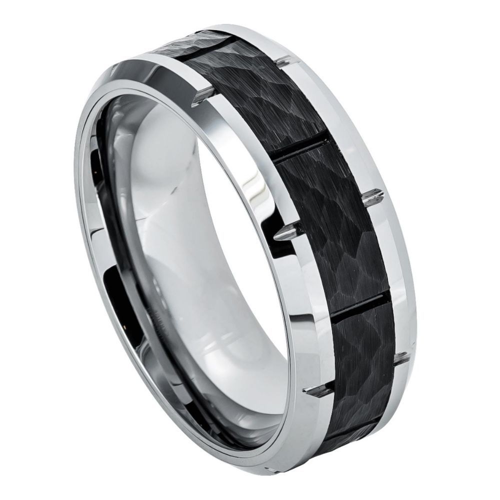 8mm Tungsten Carbide High Polished Beveled Edge with Notches & Black IP Plated Hammered Finish Ring