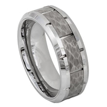 Load image into Gallery viewer, 8mm Tungsten Carbide High Polished Beveled Edge with Notches &amp; Notched Hammered Finish Ring