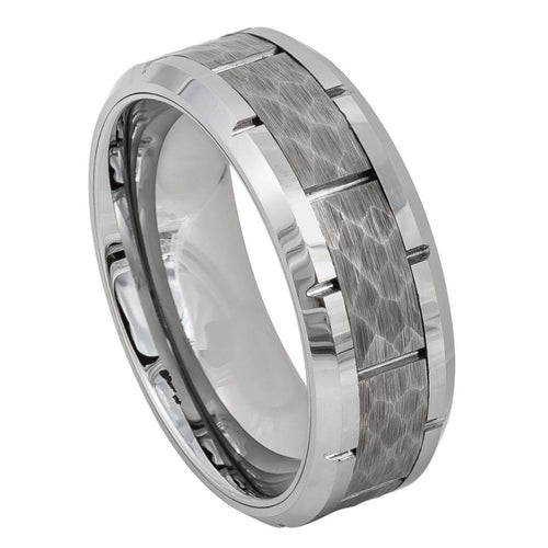 8mm Tungsten Carbide High Polished Beveled Edge with Notches & Notched Hammered Finish Ring
