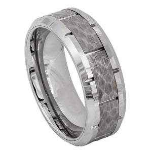 8mm Tungsten Carbide High Polished Beveled Edge with Notches & Notched Hammered Finish Ring