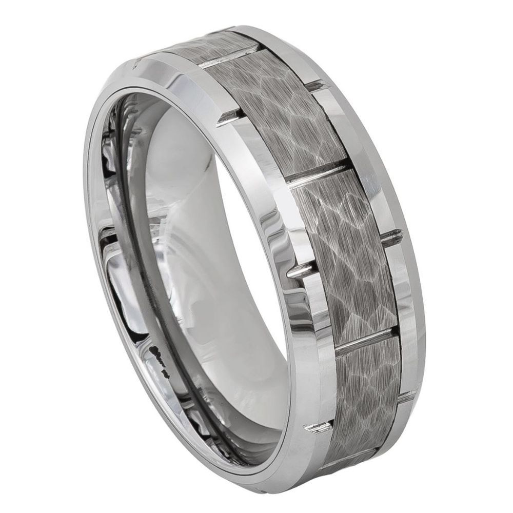 8mm Tungsten Carbide High Polished Beveled Edge with Notches & Notched Hammered Finish Ring