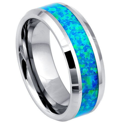 8mm Synthetic Opal Inlay Beveled Edge Ring Wedding Band Ring
