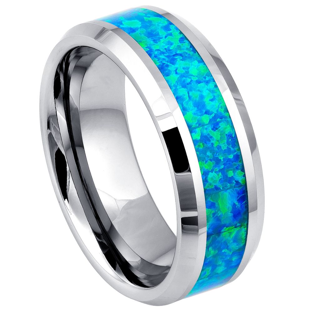 8mm Synthetic Opal Inlay Beveled Edge Ring Wedding Band Ring