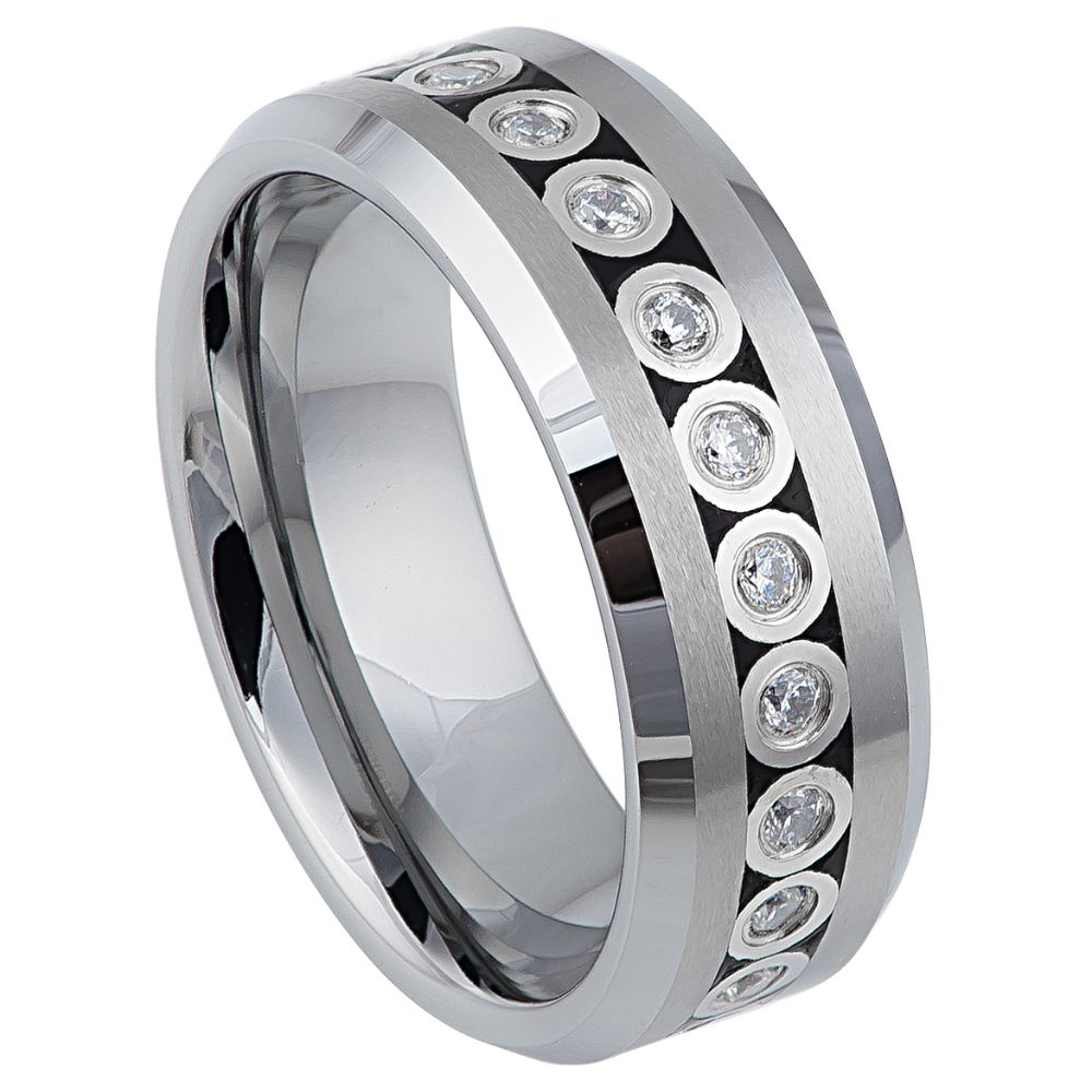 8mm Bezel-set CZ Eternity Beveled Edge Wedding Band Ring