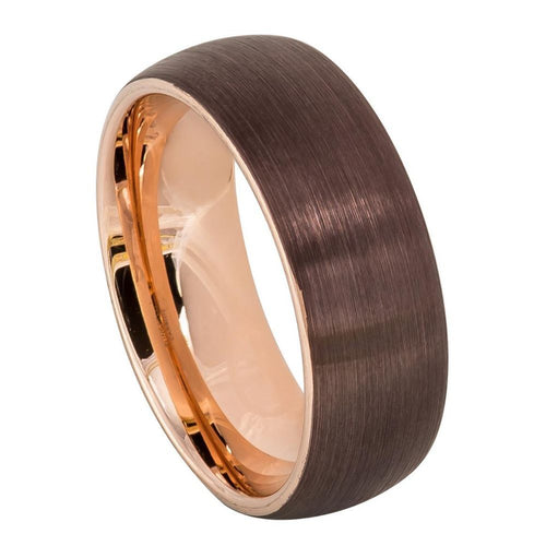 8mm Tungsten Carbide Semi-Domed Brushed Brown IP Plated outside & Rose Gold IP Plated Inside Ring