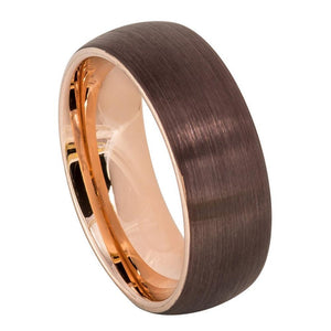 8mm Tungsten Carbide Semi-Domed Brushed Brown IP Plated outside & Rose Gold IP Plated Inside Ring