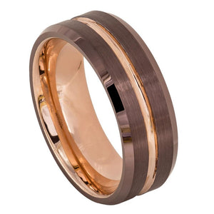 8mm Tungsten Carbide Beveled Edge Brushed Brown IP Plated Outside with Rose Gold Ring