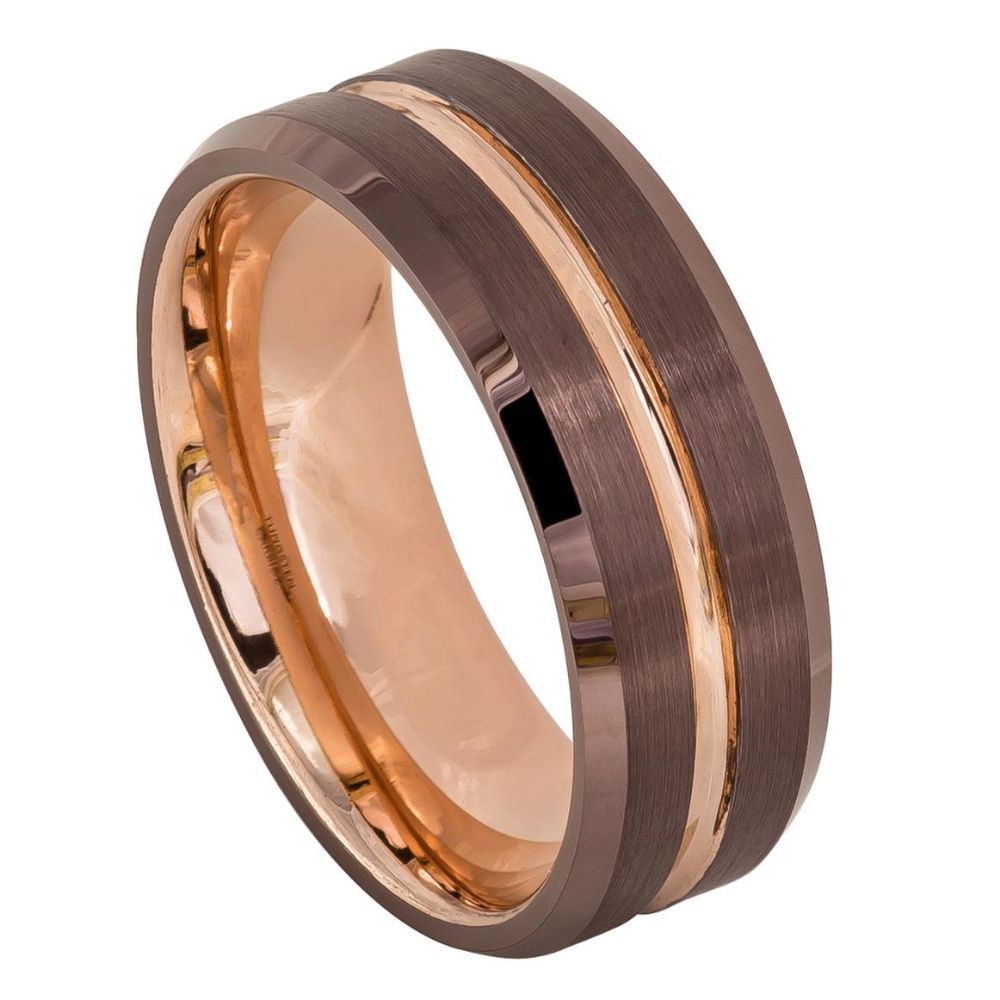 8mm Tungsten Carbide Beveled Edge Brushed Brown IP Plated Outside with Rose Gold Ring