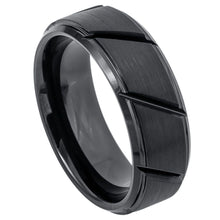 Load image into Gallery viewer, 8mm Tungsten Carbide Black IP Plated Multiple Diagonal Grooves Brushed Center Wedding Band Ring