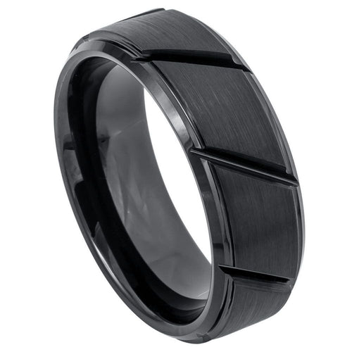 8mm Tungsten Carbide Black IP Plated Multiple Diagonal Grooves Brushed Center Wedding Band Ring