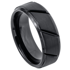 8mm Tungsten Carbide Black IP Plated Multiple Diagonal Grooves Brushed Center Wedding Band Ring