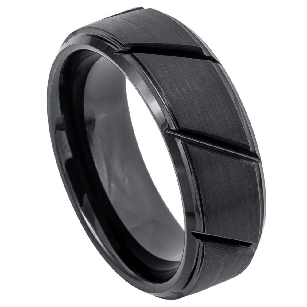 8mm Tungsten Carbide Black IP Plated Multiple Diagonal Grooves Brushed Center Wedding Band Ring