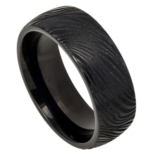8mm Tungsten Carbide Black IP Plated Semi-Dome Laser Carved Mokume Gane EFFECT Wedding Band Ring