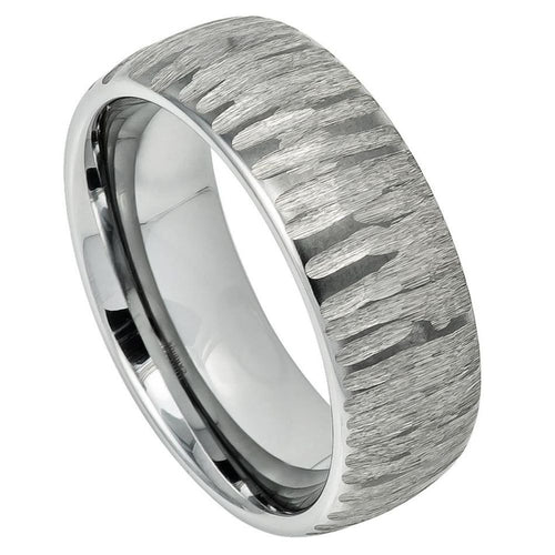 8mm Tungsten Carbide Semi Domed Ring with Tree Bark Carved Textured Finish Wedding Band Ring