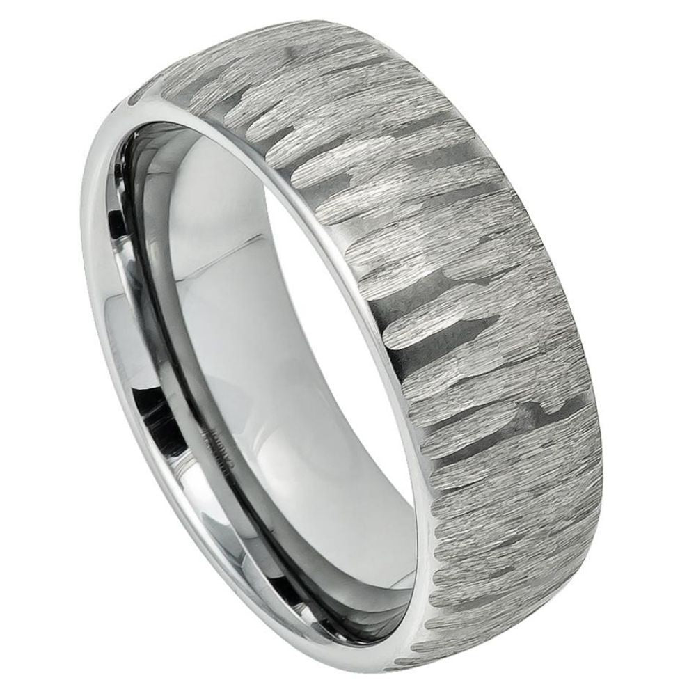 8mm Tungsten Carbide Semi Domed Ring with Tree Bark Carved Textured Finish Wedding Band Ring