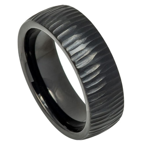 8mm Tungsten Carbide Black IP Plated Semi Domed Ring with Tree Bark Carved Textured Finish Ring