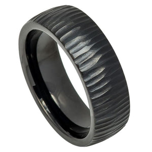 8mm Tungsten Carbide Black IP Plated Semi Domed Ring with Tree Bark Carved Textured Finish Ring