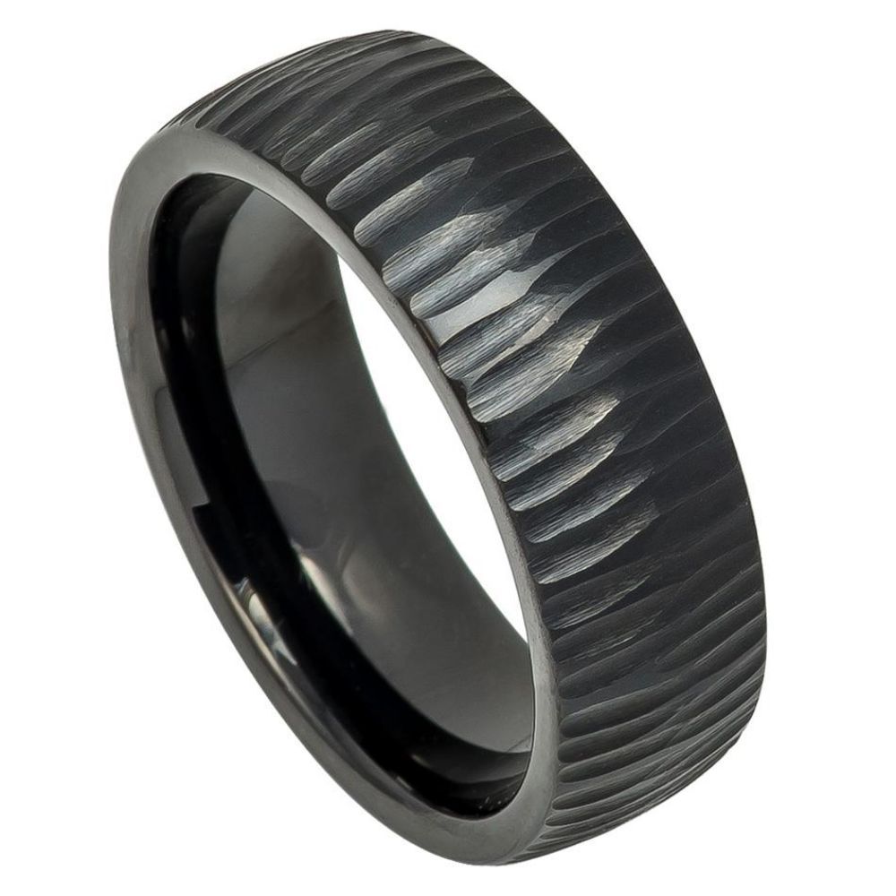 8mm Tungsten Carbide Black IP Plated Semi Domed Ring with Tree Bark Carved Textured Finish Ring
