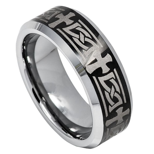 8mm Tungsten Carbide Beveled Edge Ring with Celtic Cross Engraved High Polished Shiny Black Ring