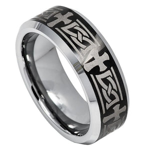 8mm Tungsten Carbide Beveled Edge Ring with Celtic Cross Engraved High Polished Shiny Black Ring
